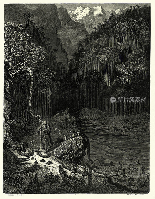 《流浪犹太人的传说》(Legend of The Wandering Jew)，由古斯塔夫・多雷(Gustave Dore)绘图。被蛇和野兽包围着